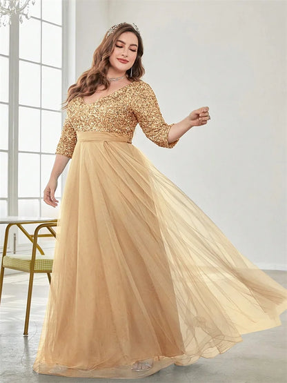 Plus Size Sequin V-Neck Floor-Length Evening Gown for Women