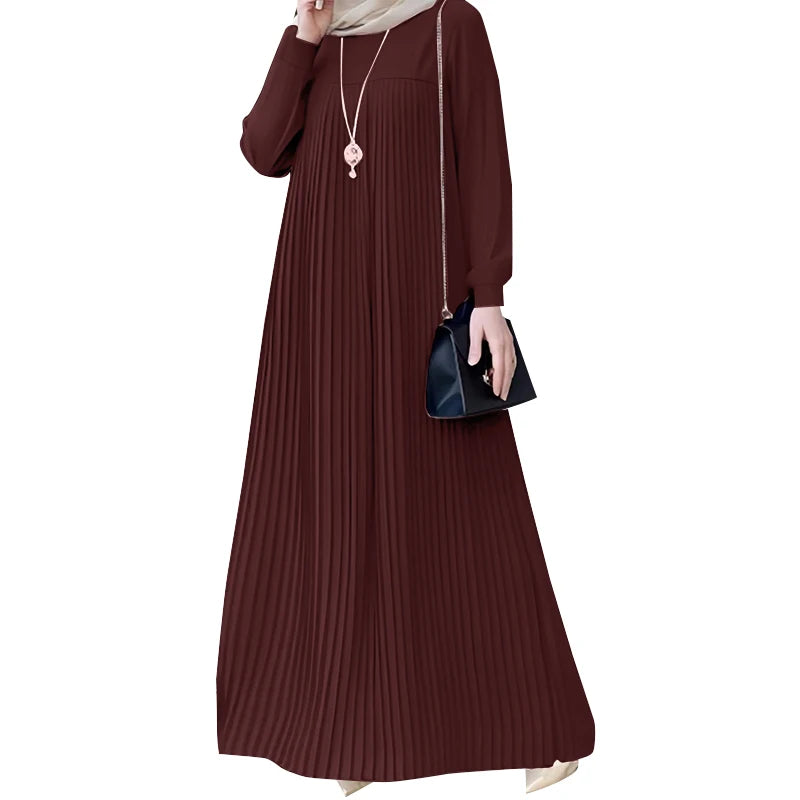 ZANZEA Modest Hijabs Women Pleated Long Dresses Casual O-Neck Long Sleeve Loose Maxi Dress Abaya Robes Woman Muslim Clothes 3XL