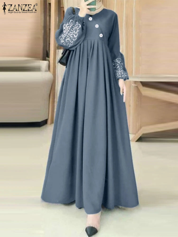 ZANZEA Printed Lantern Sleeve Pleated Abaya Maxi Dress for Women