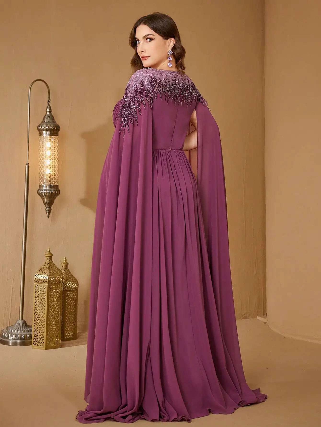 UNITHORSE Plus Size Sequin Cape Sleeve Evening Dress