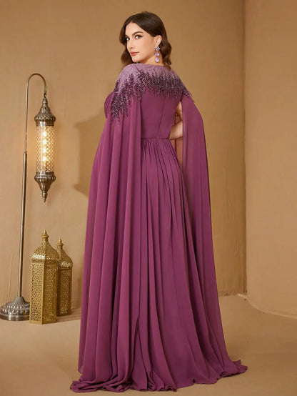 UNITHORSE Plus Size Sequin Cape Sleeve Evening Dress