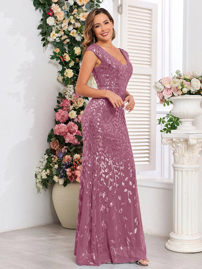 Elegant V-Neck Sequin Mermaid Evening Gown for Women