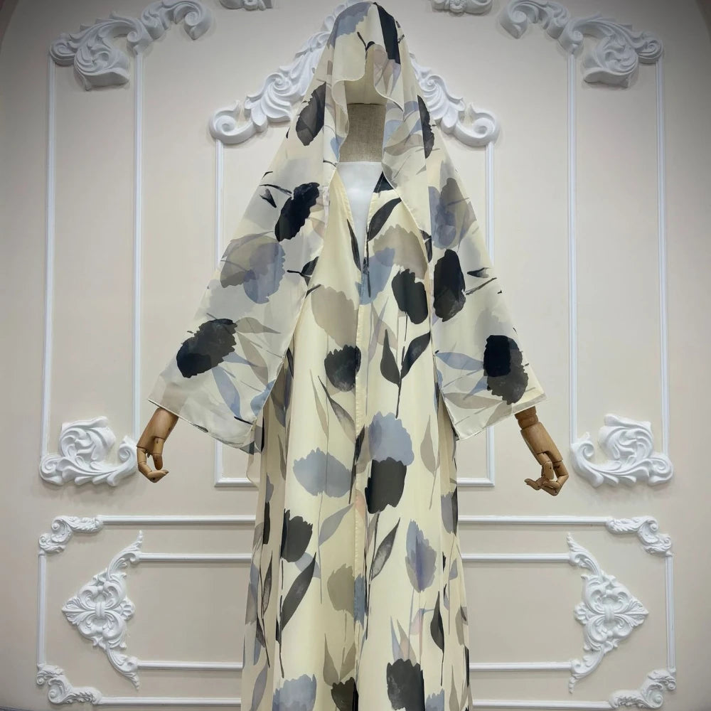 Watercolor Floral Print Abaya & Hijab 2-Piece Set for Women