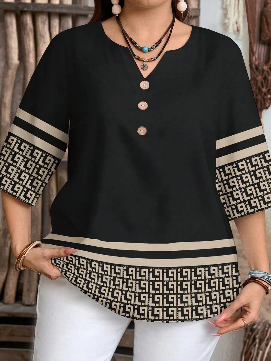 Plus Size Retro Print Button-Up Casual Shirt