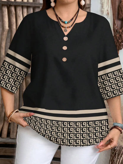 Plus Size Retro Print Button-Up Casual Shirt