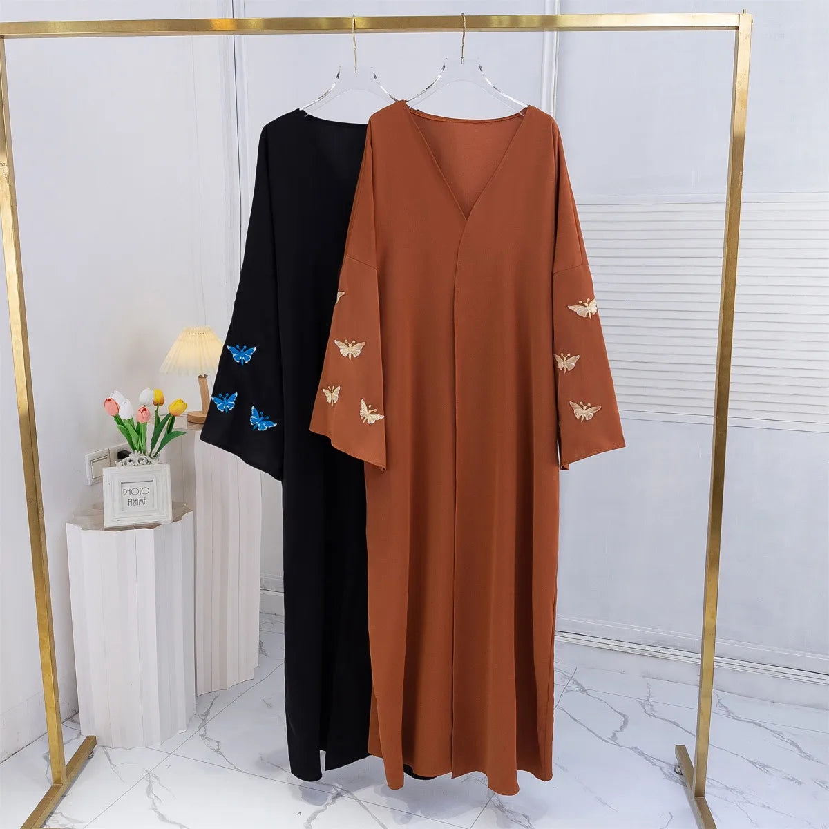 Butterfly Embroidered Open Front Abaya Maxi Dress for Women