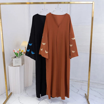 Butterfly Embroidered Open Front Abaya Maxi Dress for Women