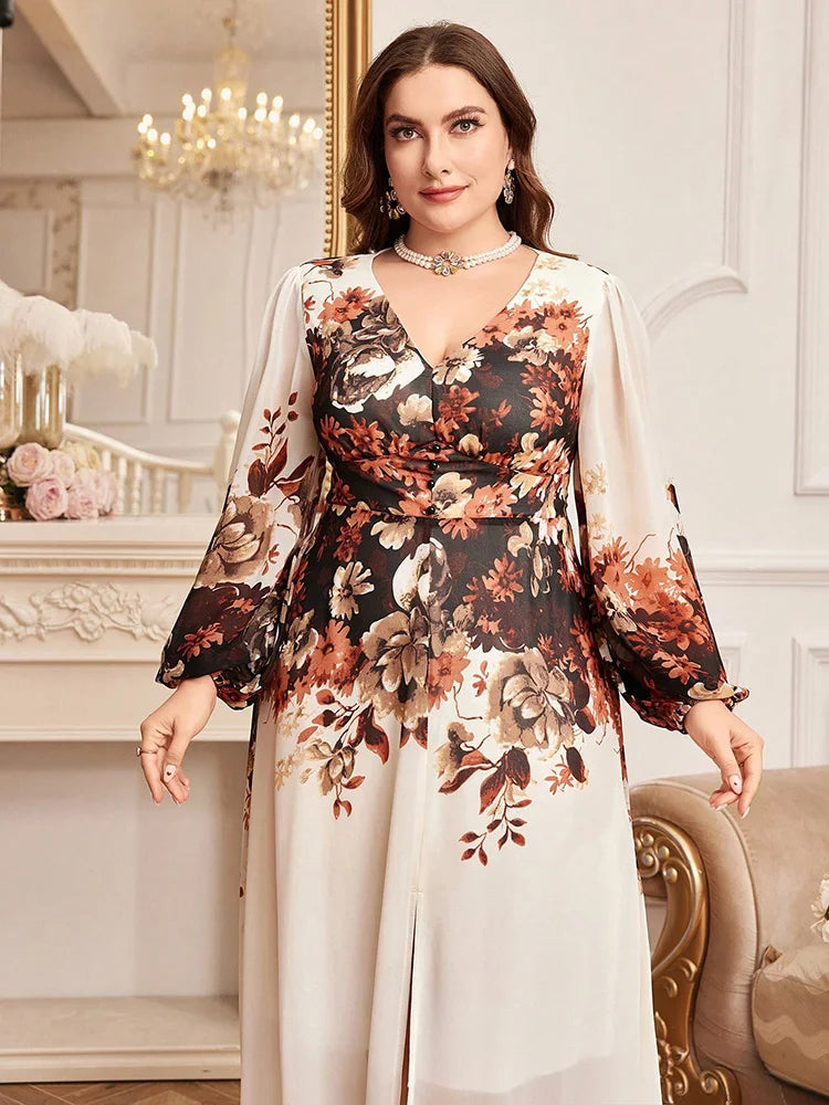TOLEEN Plus Size Floral Print Lantern Sleeve Maxi Dress