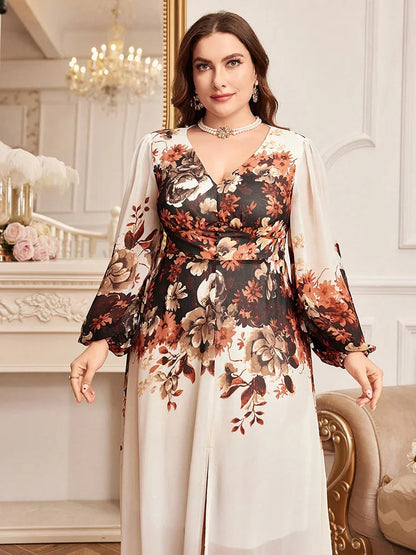 TOLEEN Plus Size Floral Print Lantern Sleeve Maxi Dress
