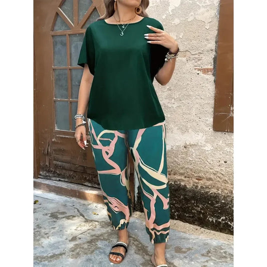 Plus Size Printed Pants Two-Piece Set