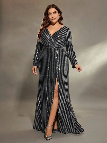 Mgiacy V-Neck Sequin Slit A-Line Maxi Dress