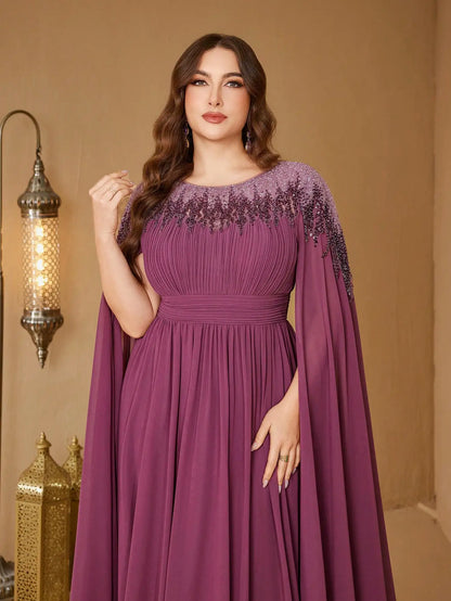 UNITHORSE Plus Size Sequin Cape Sleeve Evening Dress
