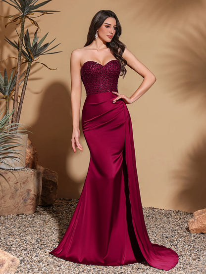 Sequin Tube Top Satin Evening Gown for Women