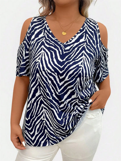 Plus Size Cold Shoulder V-Neck Casual Top