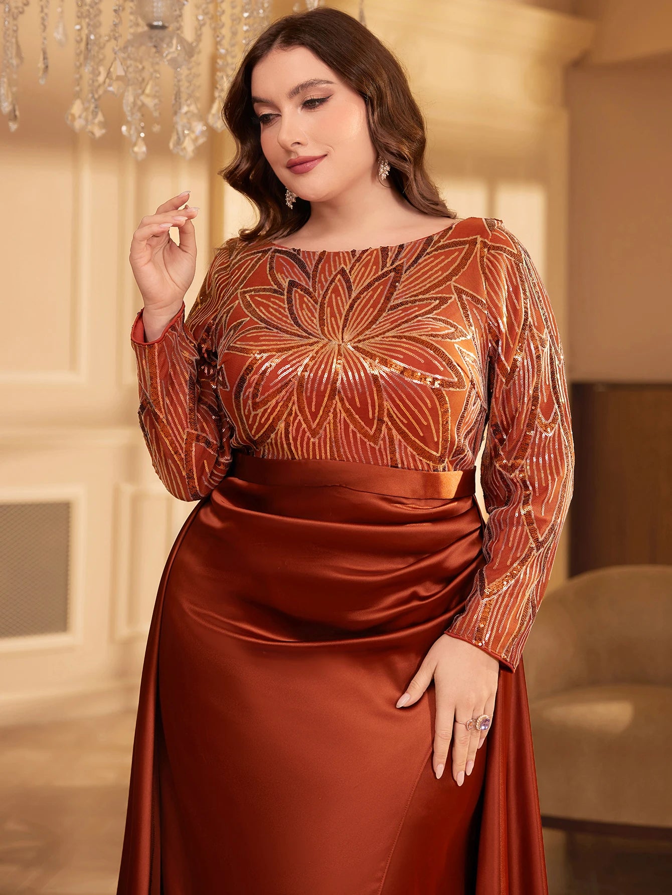 UNITHORSE Sequin Satin Appliqué Evening Dress