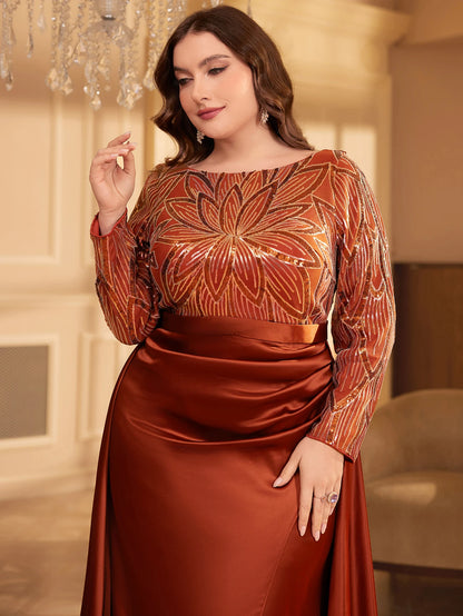 UNITHORSE Sequin Satin Appliqué Evening Dress