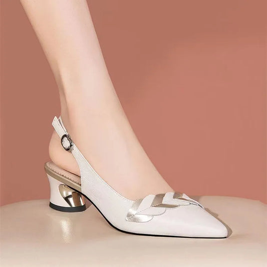 Women's Genuine Leather Pointed-Toe Buckle Heel Sandals