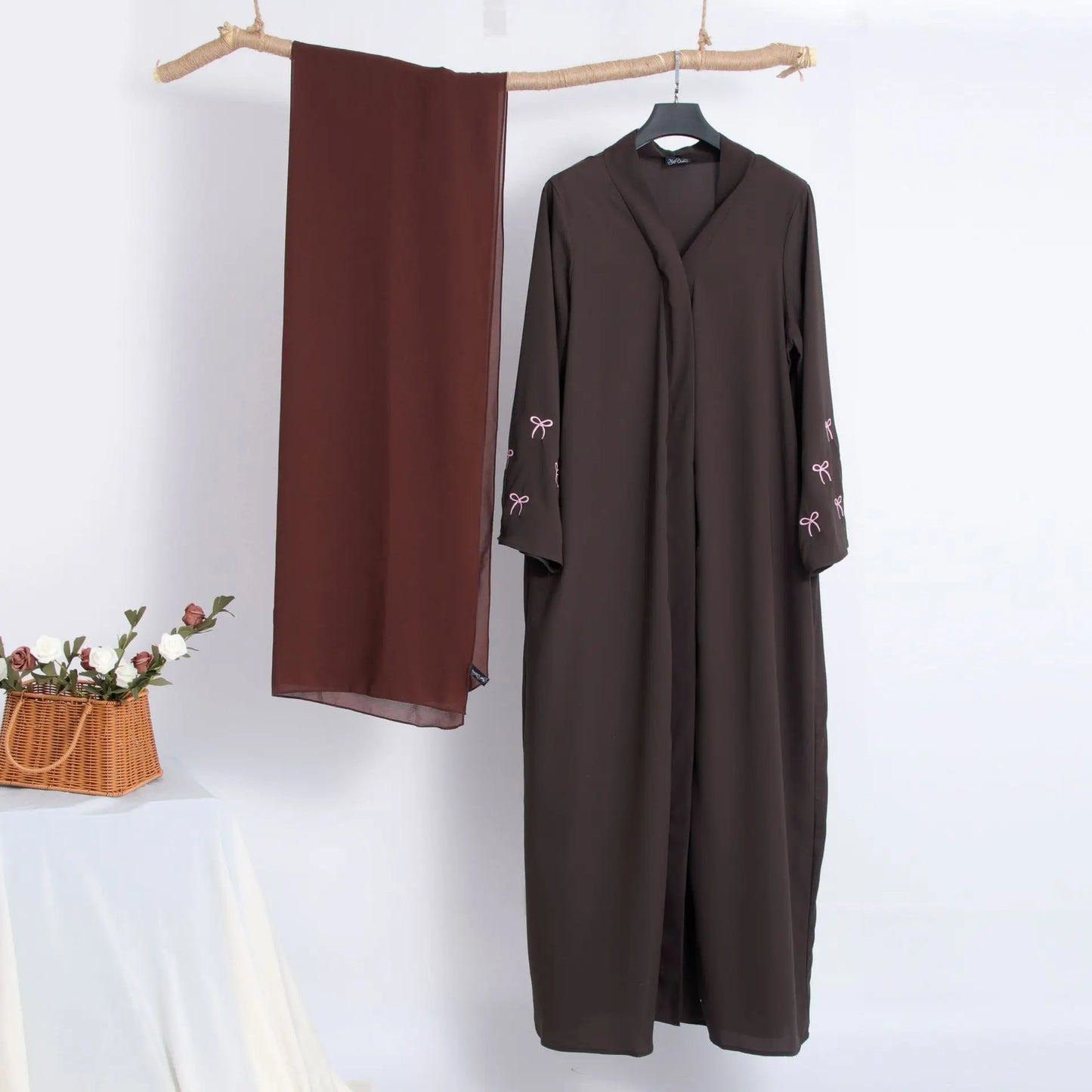 Eid Bow Embroidery Abaya & Hijab 2-Piece Set for Women