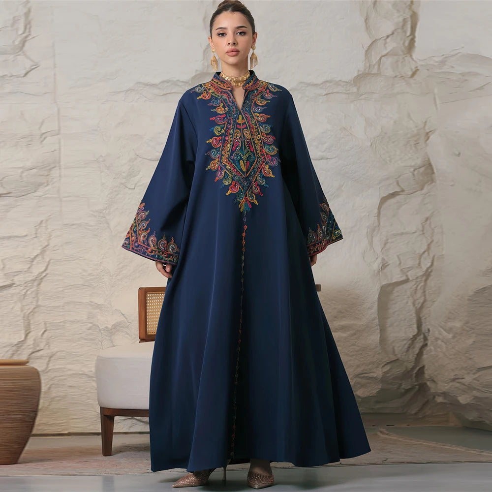 Embroidered V-Neck Dubai Abaya Jalabiya Dress for Women