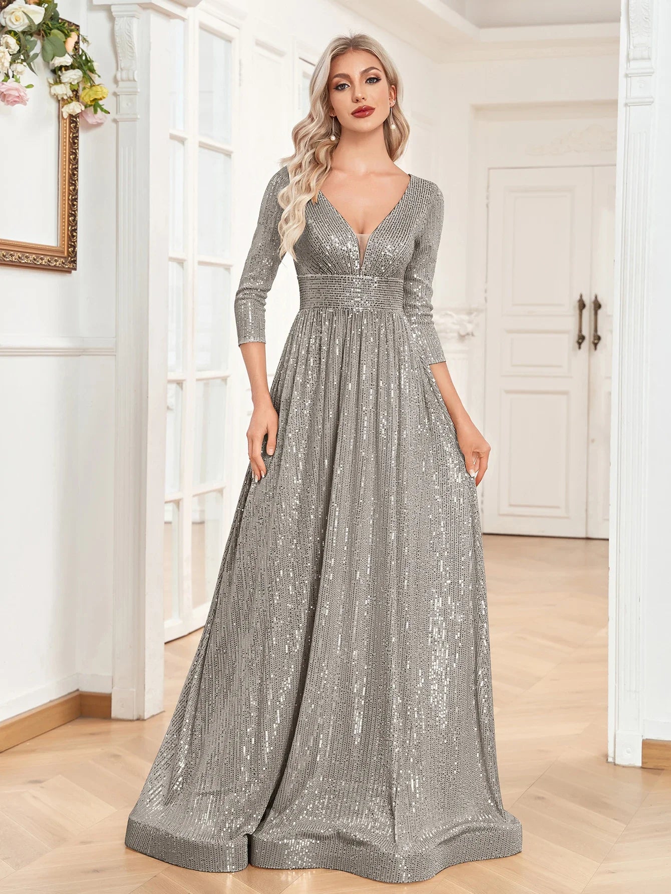Luxury Blue Sequin V-Neck Evening Gown for Women