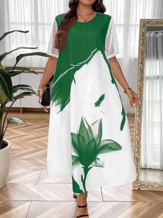 Plus Size Floral Print Mesh Sleeve Maxi Dress