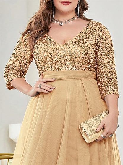 Plus Size Sequin V-Neck Floor-Length Evening Gown for Women