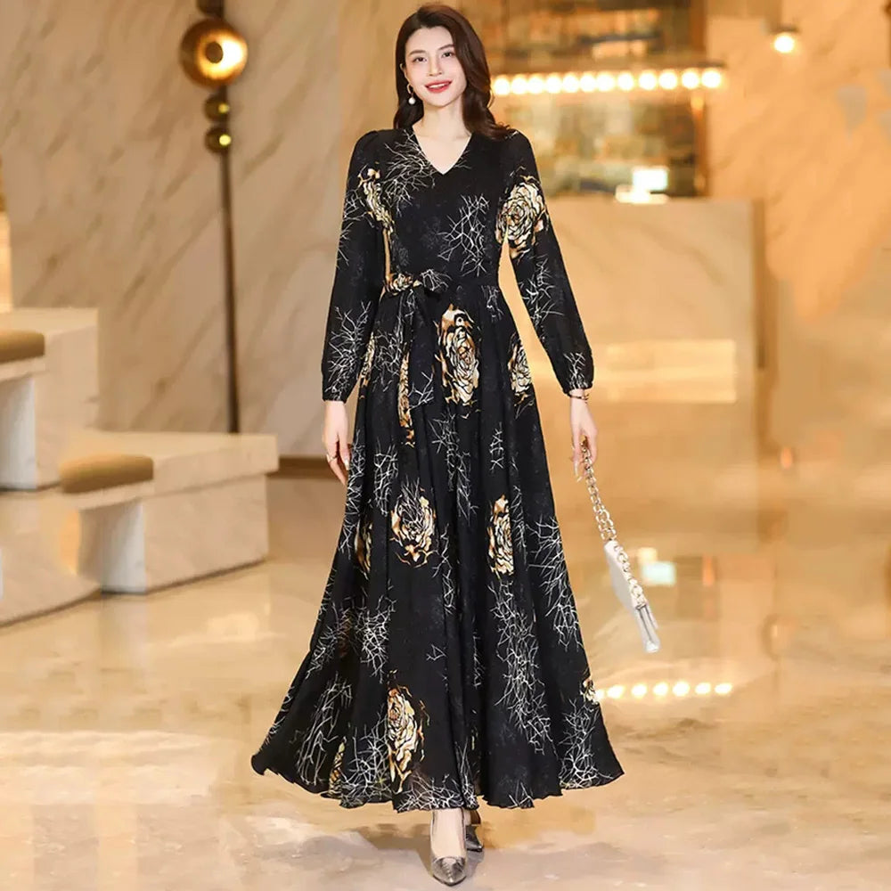 Women’s Printed V-Neck Long Sleeve Maxi Dress