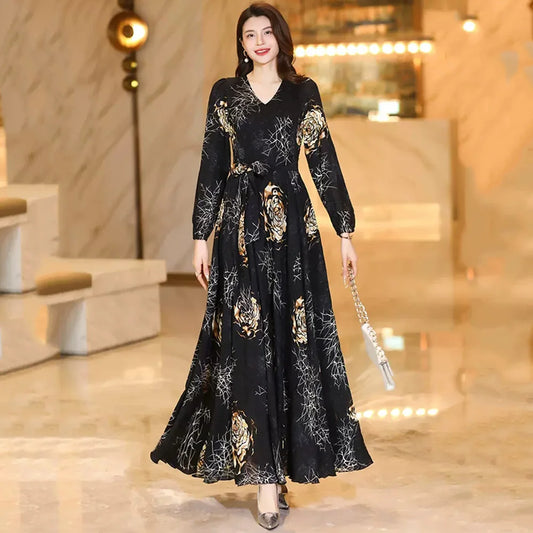 Women’s Printed V-Neck Long Sleeve Maxi Dress