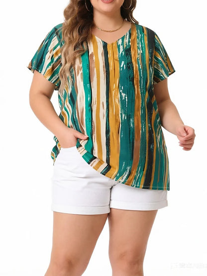 Plus Size Abstract Stripe Print V-Neck Top