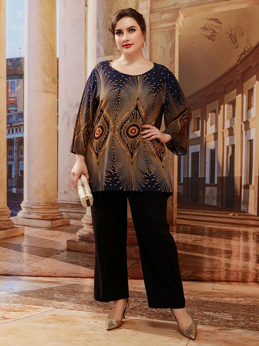 Plus Size Retro Print Oversized Blouse Top