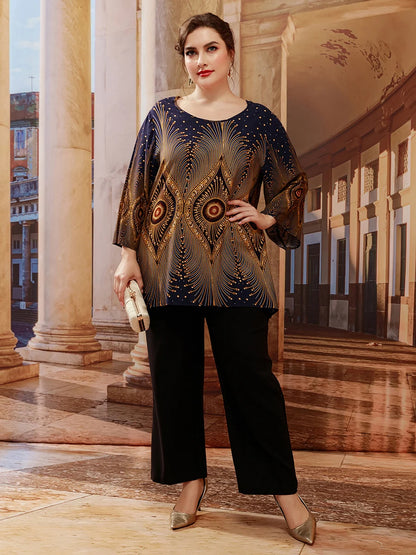 Plus Size Retro Print Oversized Blouse Top