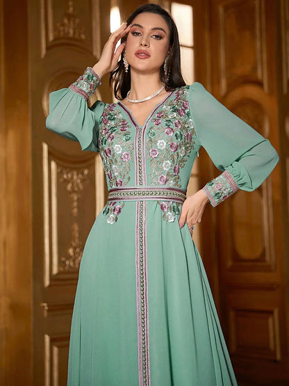 TOLEEN Luxury Floral Embroidery Kaftan Jalabiya Dress