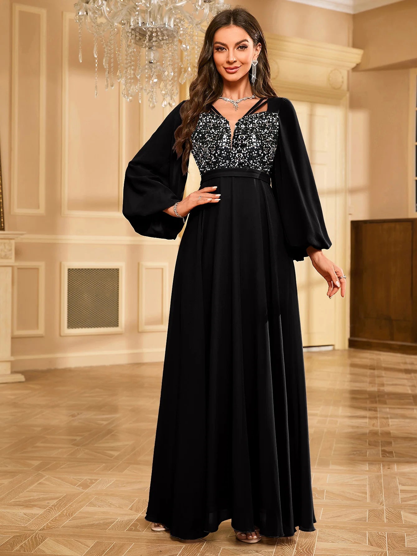 UNITHORSE Glitter Lantern Sleeve Party Dress