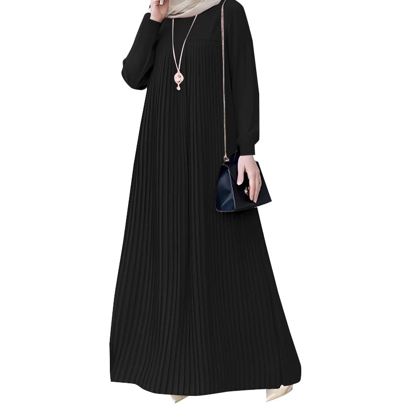 ZANZEA Modest Hijabs Women Pleated Long Dresses Casual O-Neck Long Sleeve Loose Maxi Dress Abaya Robes Woman Muslim Clothes 3XL