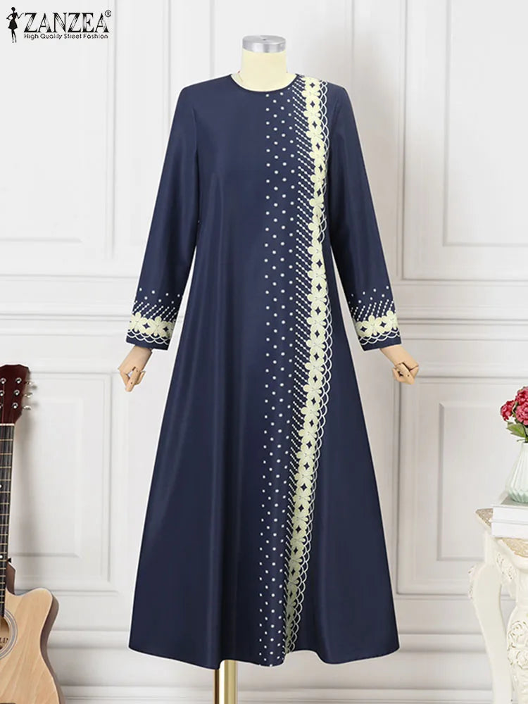 ZANZEA Floral Print Long Sleeve Abaya Maxi Dress for Women