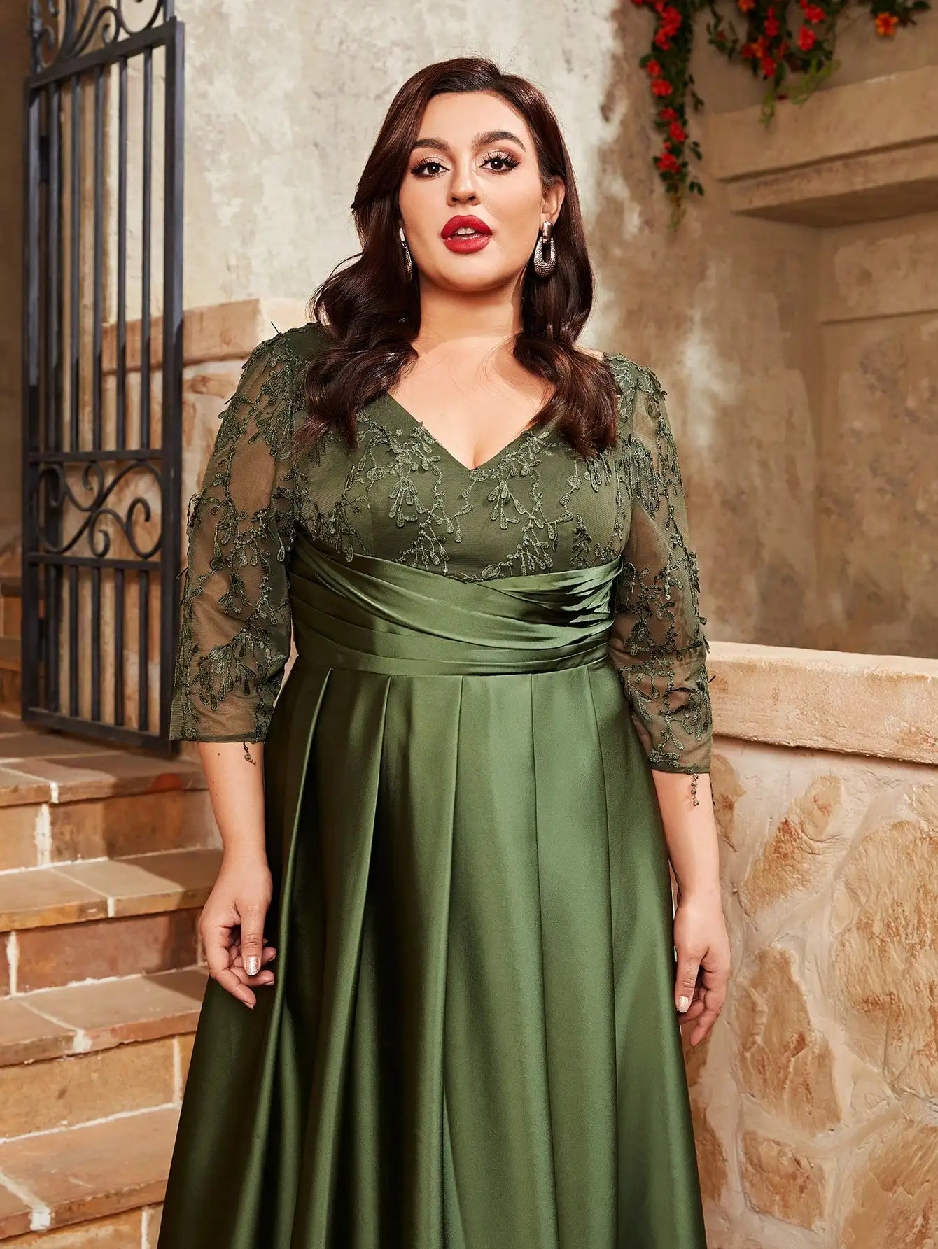 Mgiacy Plus Size Lace Embroidery Satin Evening Gown