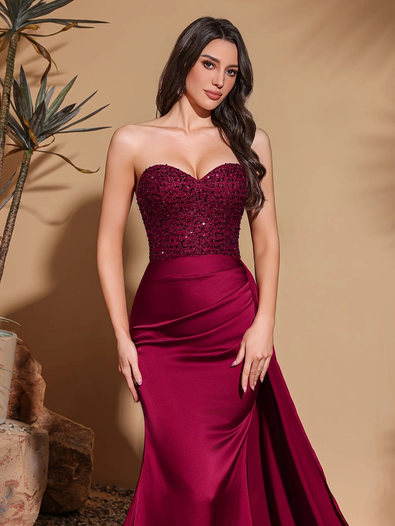 Sequin Tube Top Satin Evening Gown for Women