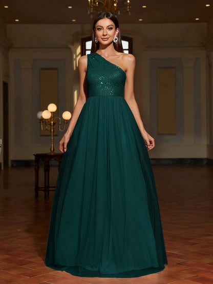 Asymmetrical Sequin Mesh Evening Gown for Women