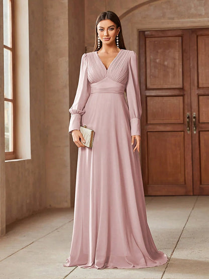 TOLEEN Elegant V-Neck Long Sleeve Maxi Dress