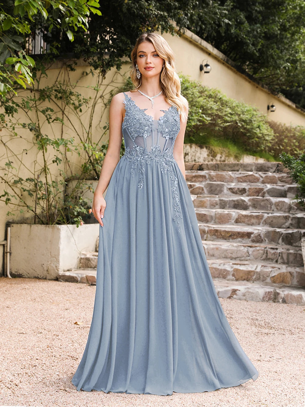 Elegant V-Neck Appliqué Mermaid Evening Gown for Women