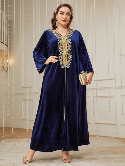 TOLEEN Plus Size Lace Velvet Abaya Maxi Dress
