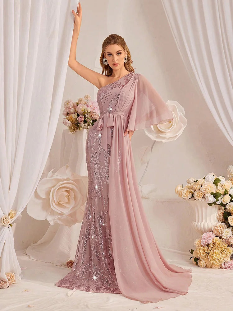 TOLEEN One Shoulder Sequin Maxi Evening Gown