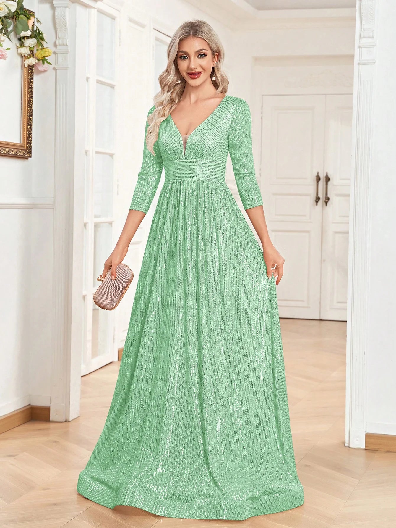 Luxury Blue Sequin V-Neck Evening Gown for Women