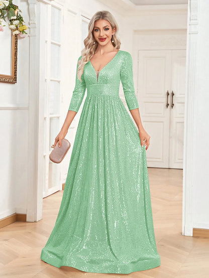 Luxury Blue Sequin V-Neck Evening Gown for Women
