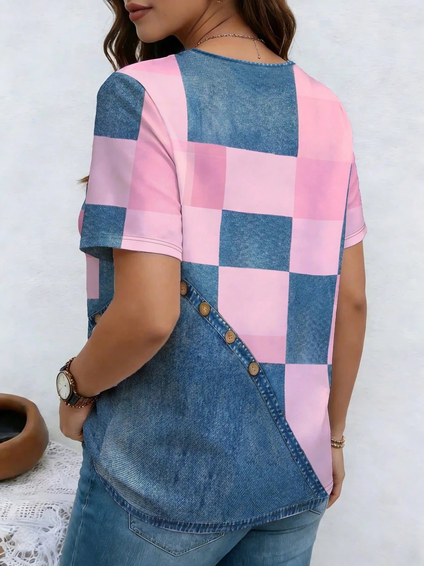 Women’s Denim Print V-Neck Casual T-Shirt