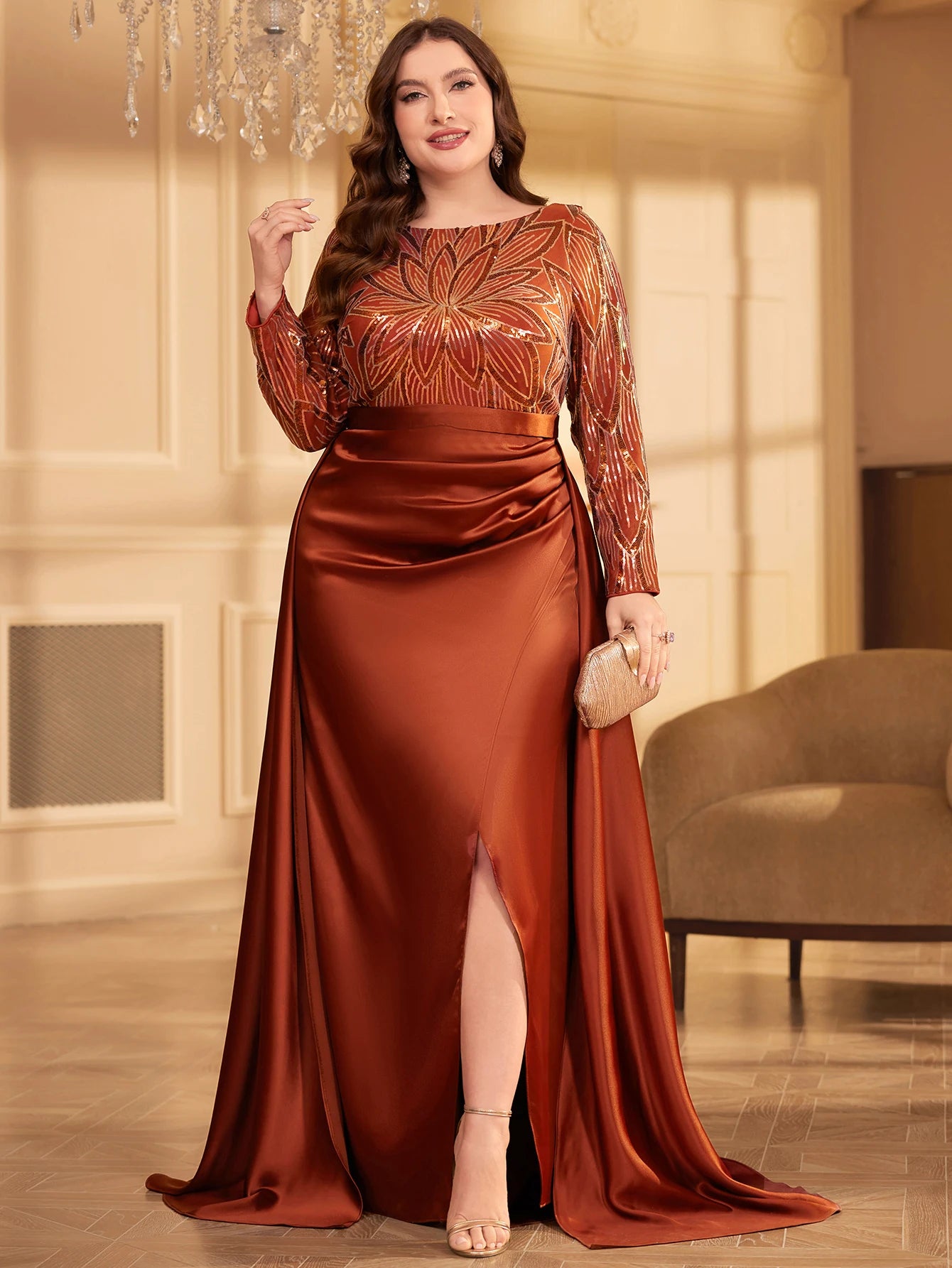 UNITHORSE Sequin Satin Appliqué Evening Dress