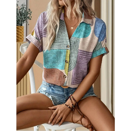 Plus Size Printed V-Neck Button T-Shirt Top