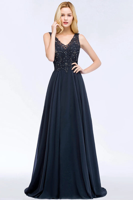 Elegant Navy Blue Chiffon Beaded Evening Gown for Women