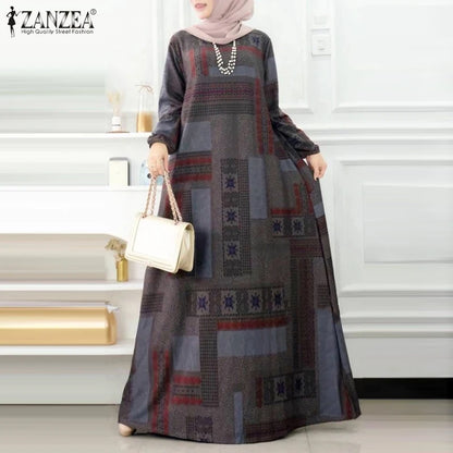 ZANZEA Muslim Women's Vintage Printing Long Dresses Modest Hijabs Long Sleeve Baggy Abaya Robes Islamic Ramadan Eid Kaftan