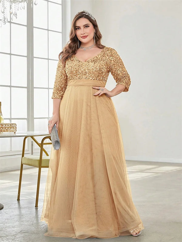 Plus Size Sequin V-Neck Floor-Length Evening Gown for Women